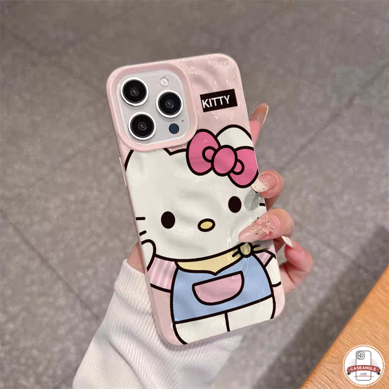Ốp lưng nếp nhăn sóng gợn sóng Hello Kitty thời trang đơn giản dễ thương Tương thích cho IPhone 13 11 16 15 12 14 Pro Max 7 8 15 16 Plus X XS MAX XR Vỏ nhăn sóng gợn nước