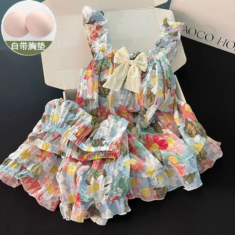 Hannie_Oder-Bộ đồ ngủ mùa hè nữ có đệm ngực, áo hai dây nơ xinh xắn thời trang, quần short, bộ đồ mặc nhà mùa hè hàng QC