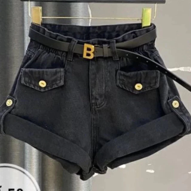 [Peinn] Quần sọt jean nữ mẫu trơn vải jean kaki cotton phối nắp túi lai lật, Quần lật lai nắp hộp