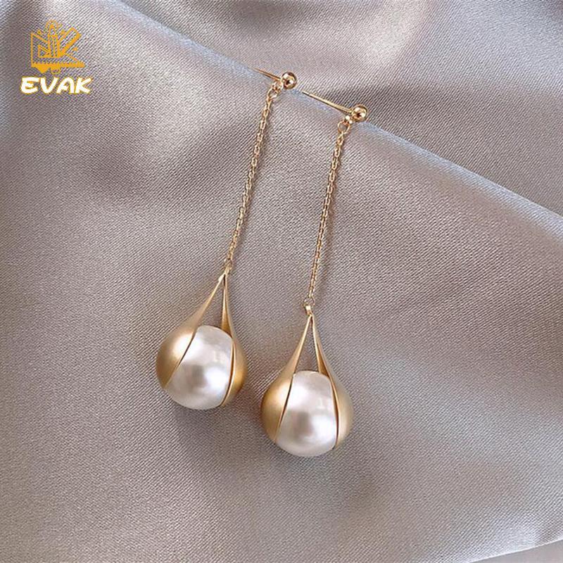 Alittlesetrtu Bông Tai Vintage Bông Tai Ngọc Trai Nữ Tính Dài Viền Bông Tai Ngọc Trai Kim Loại Trắng Đỏ Tùy Chọn VN