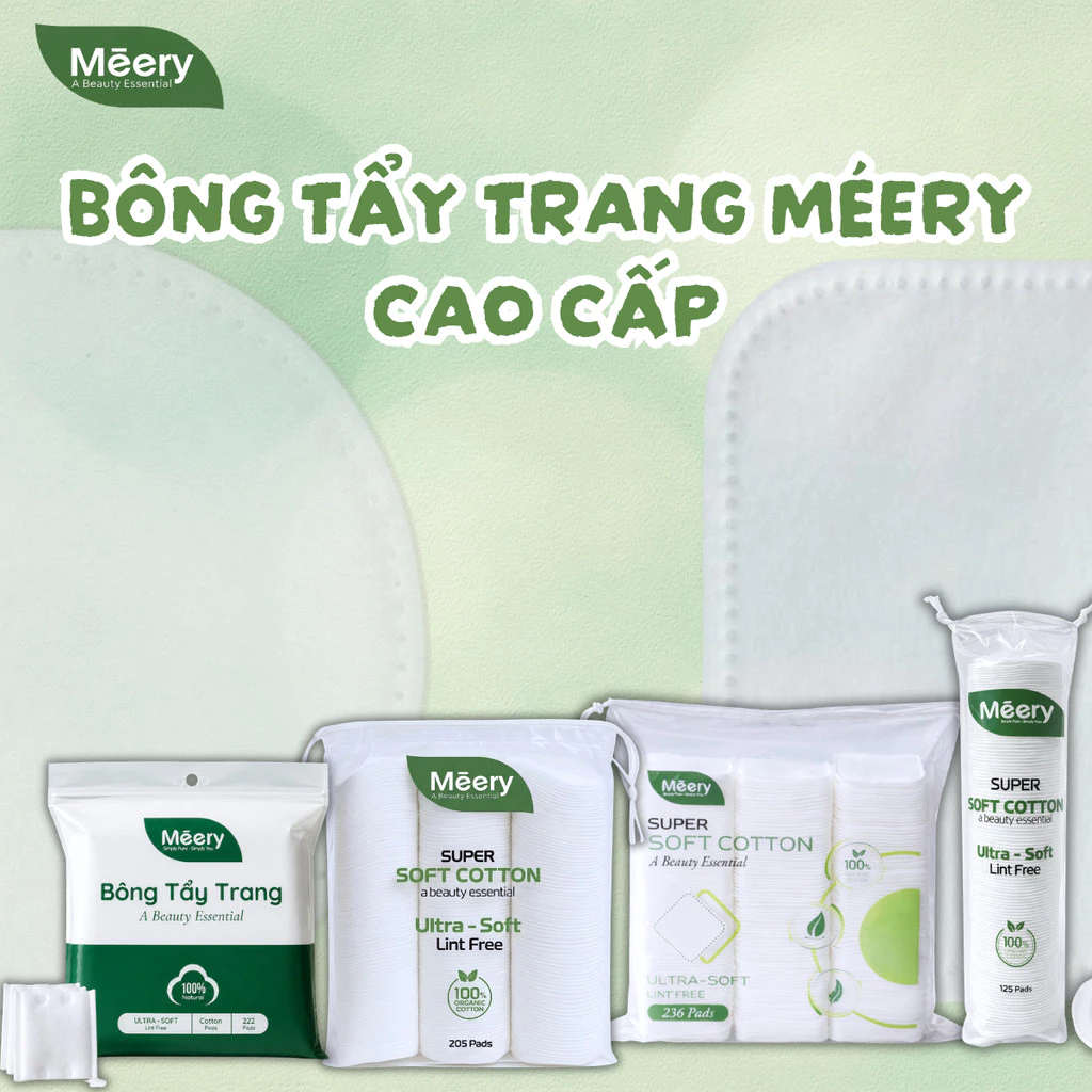 BỘ BA Bông Tẩy Trang MÉERY Chính Hãng, Bông Tẩy Trang Meery 205/125/236 Miếng 100% Cotton Chính Hãng BTT