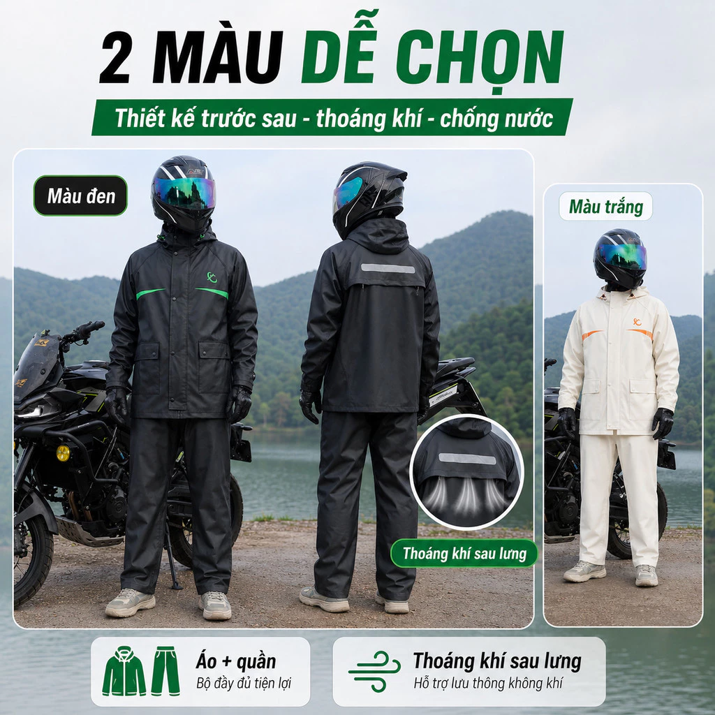 Bộ áo mưa + quần chống thấm cao cấp – PVC dày phản quang, lưng thoáng, dùng cho nam nữ khi đi mưa