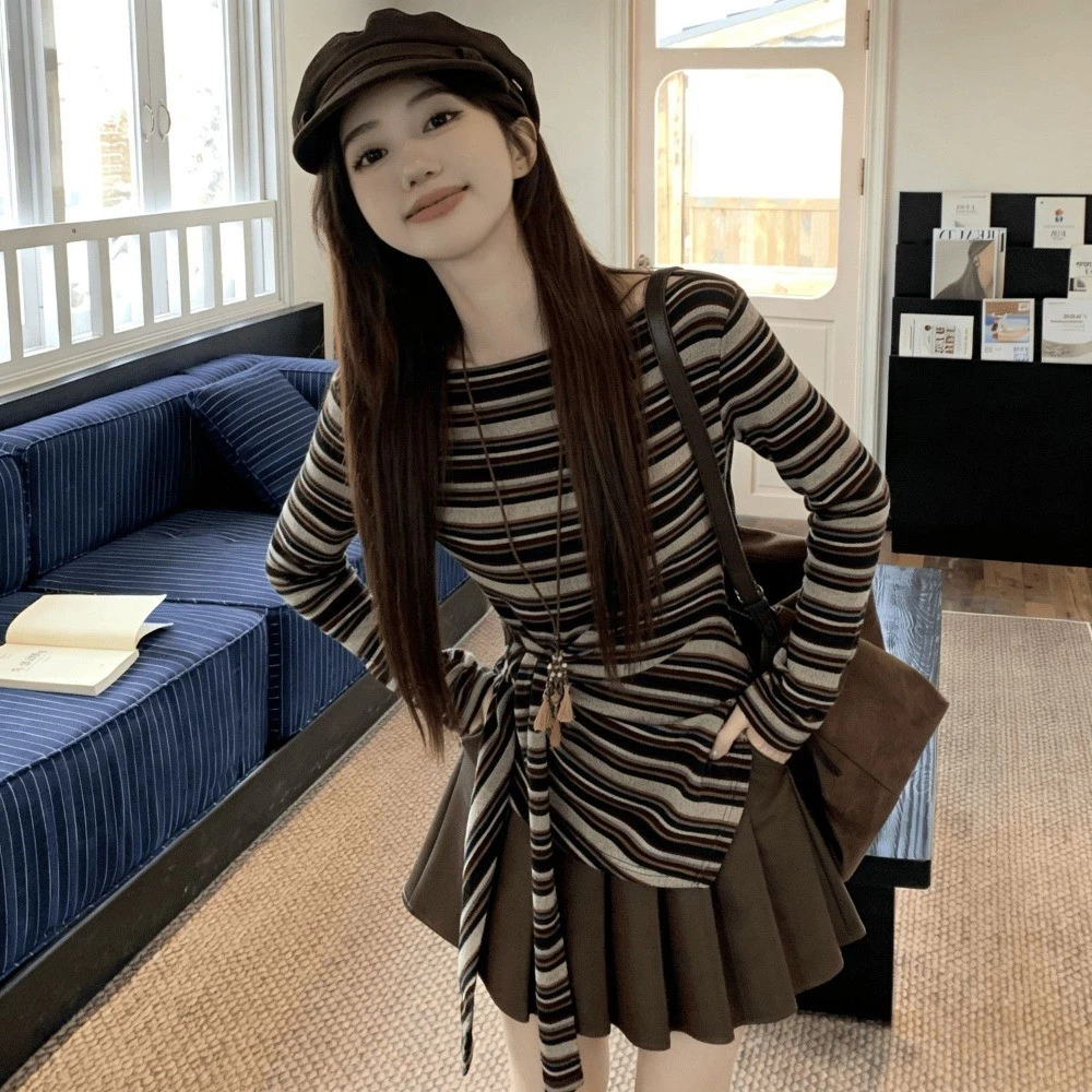 Áo Thun Dài Tay Phong Cách Retro Phong Cách Hàn Quốc Sọc Và Dây Đai Không Đều Áo Thun Dài Tay Mỏng Top