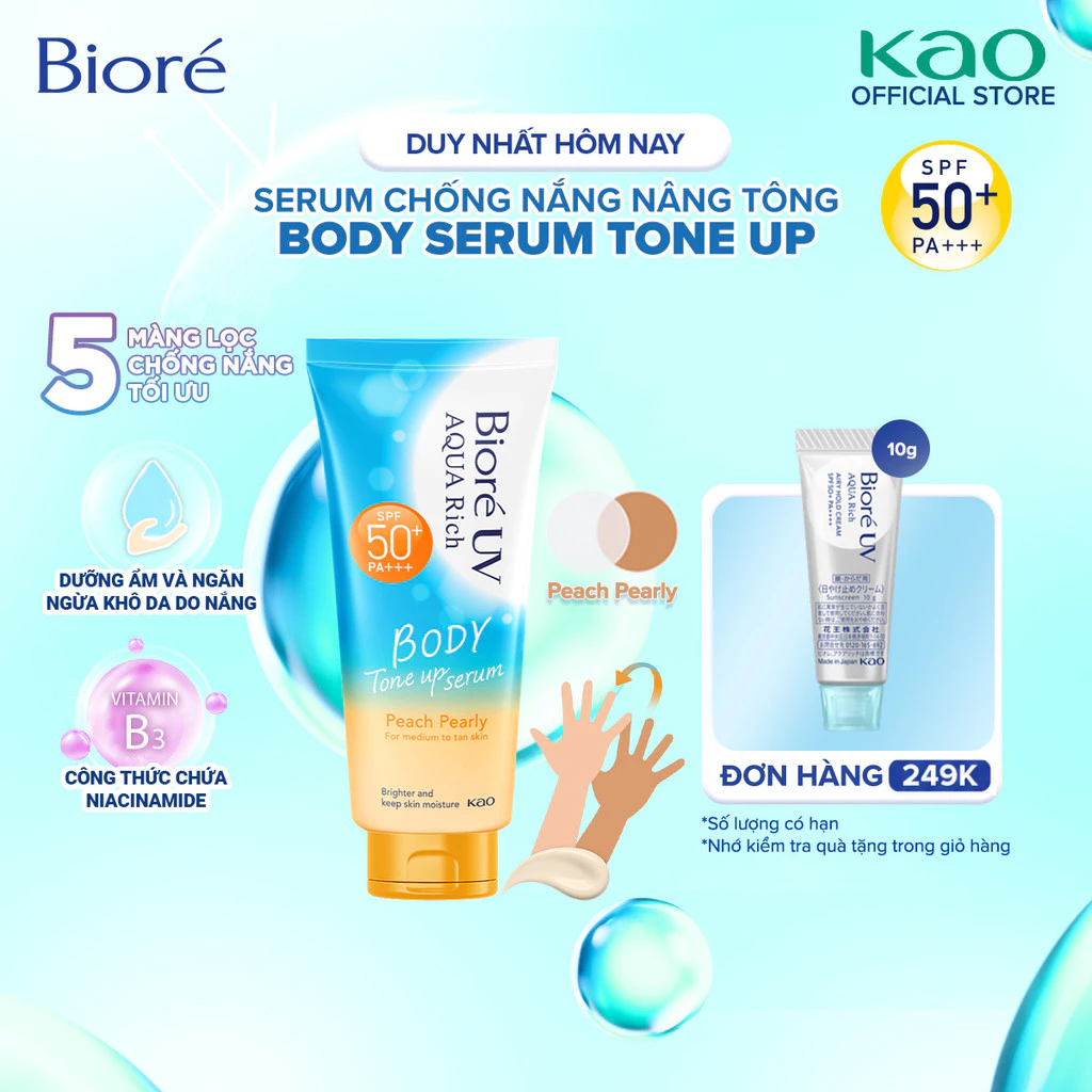 Biore UV Aqua Rich Serum Chống Nắng Dưỡng Thể Nâng Tông - Peach Pearly SPF50+ PA+++ 130ml