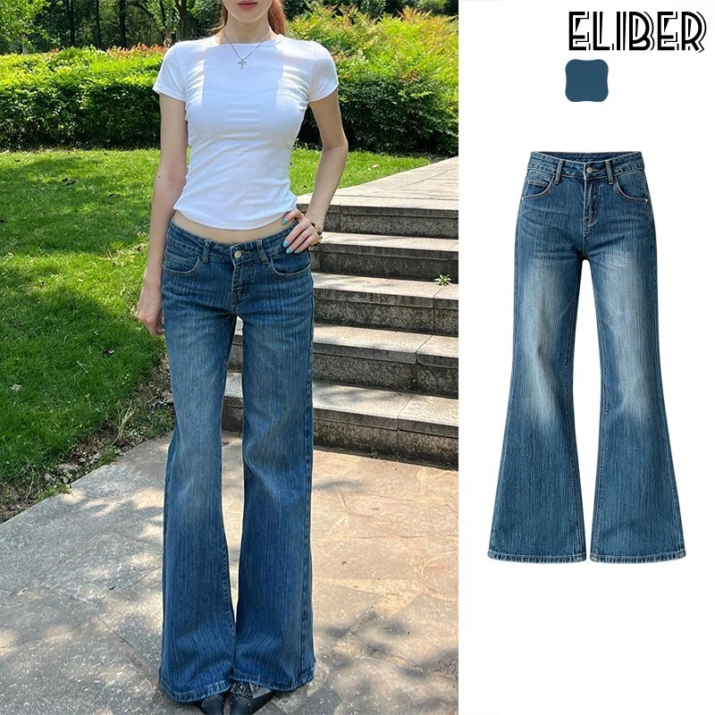 ELIBER- Quần Jean Ống Nhỏ Quần Dài Nữ Cạp Thấp Rộng Rãi Dáng Người Nhỏ