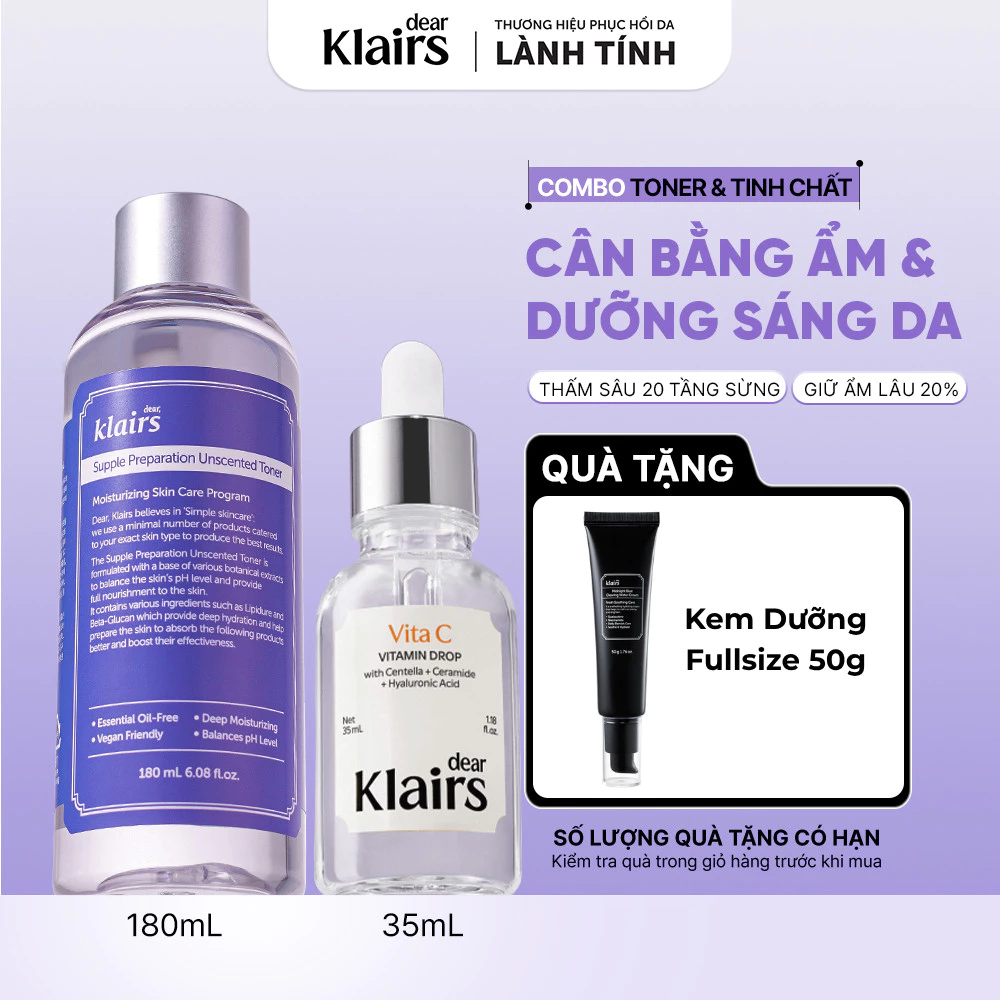 Combo [Bản Mới] Tinh chất Dear Klairs Vitamin Drop 35ml + Nước Hoa Hồng Supple Preparation Toner 180ml [FS]