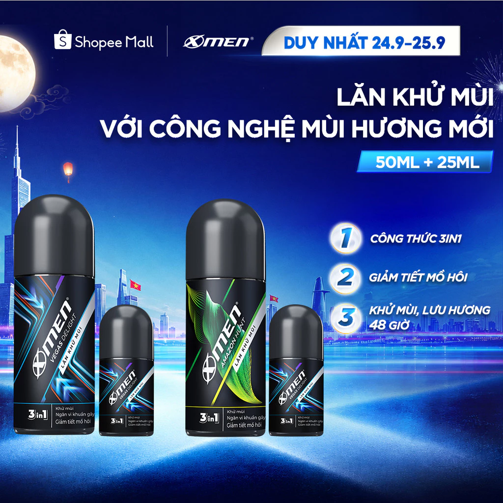 [MỚI] Combo Lăn khử mùi XMen Amazon Hunt/Vegas Delight 50ml và Lăn khử mùi Vegas Delight 25ml
