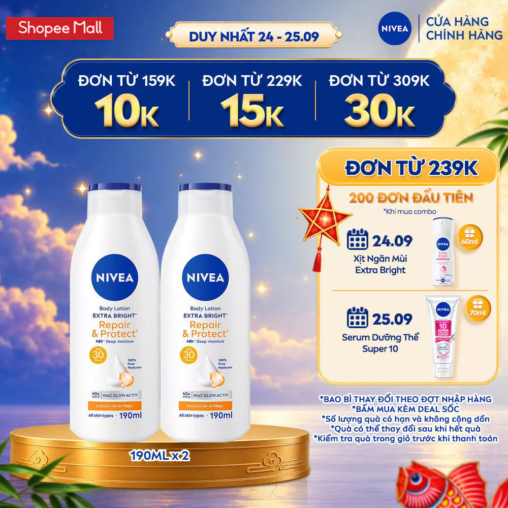 Bộ 2 Sữa Dưỡng Thể NIVEA Extra Bright Dưỡng Da Sáng Mịn Sau 7 Ngày 190ml -  99562x2 /98925x2