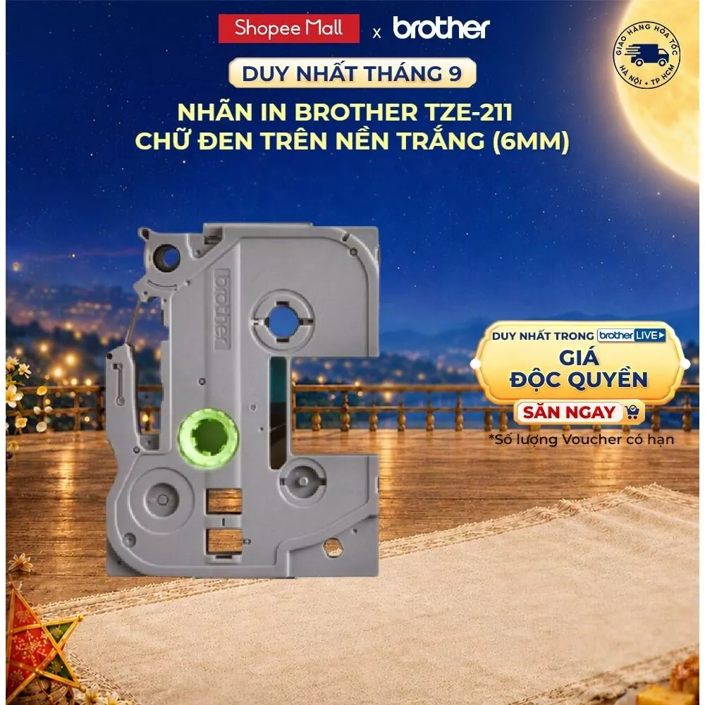 Nhãn in Brother TZe-211 chữ đen trên nền trắng (6mm)