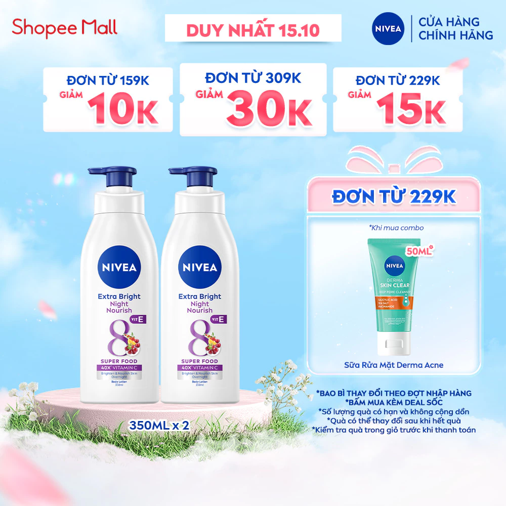 Bộ 2 Sữa Dưỡng Thể NIVEA Sáng Da Ban Đêm (350 ml) từ 8 Super Foods – 98412