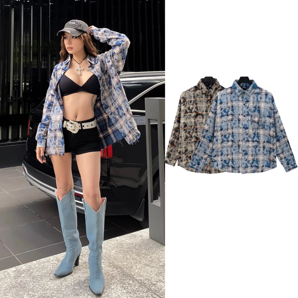 [ XẢ KHO ] Áo sơ mi flannel wash màu loang, sơ mi unisex nam nữ caro Pi Studio SM208