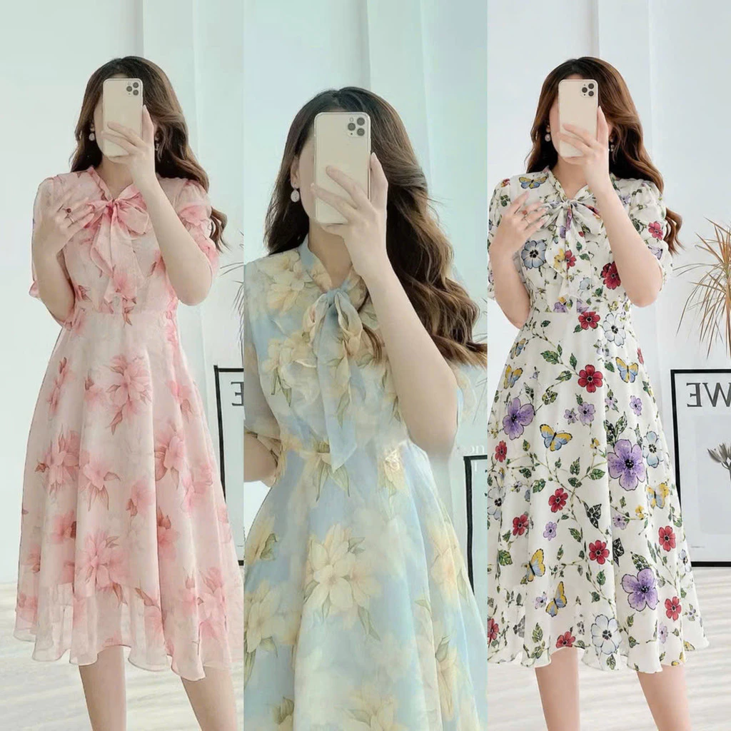 Đầm Voan Hoa Cổ Nơ 2 Lớp Dáng Xòe Midi Thanh Lịch Nữ Tính Form Đẹp