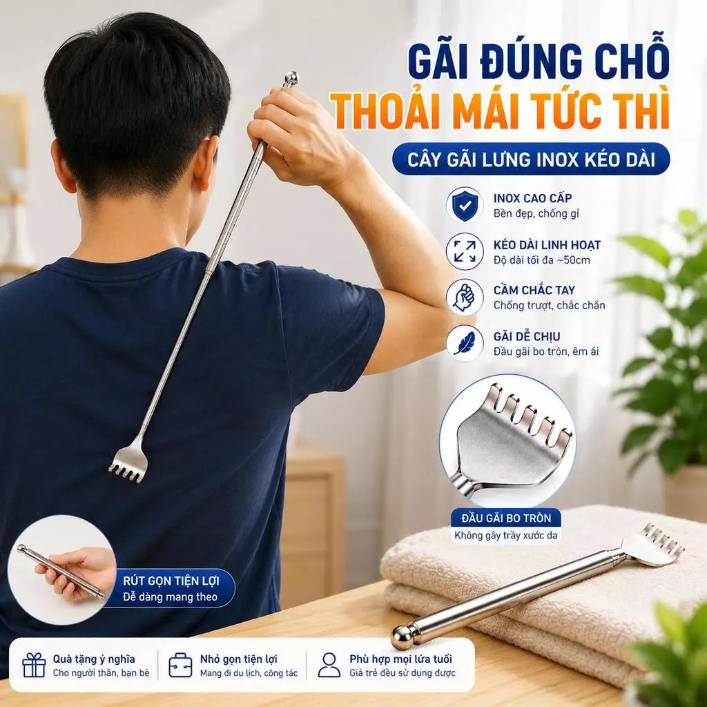 Gậy Gãi Lưng Inox 304 Rút Gọn 50cm Cây Gãi Lưng Thu Gọn Nhỏ Gọn Bền Đẹp Dễ Mang Theo - GD355