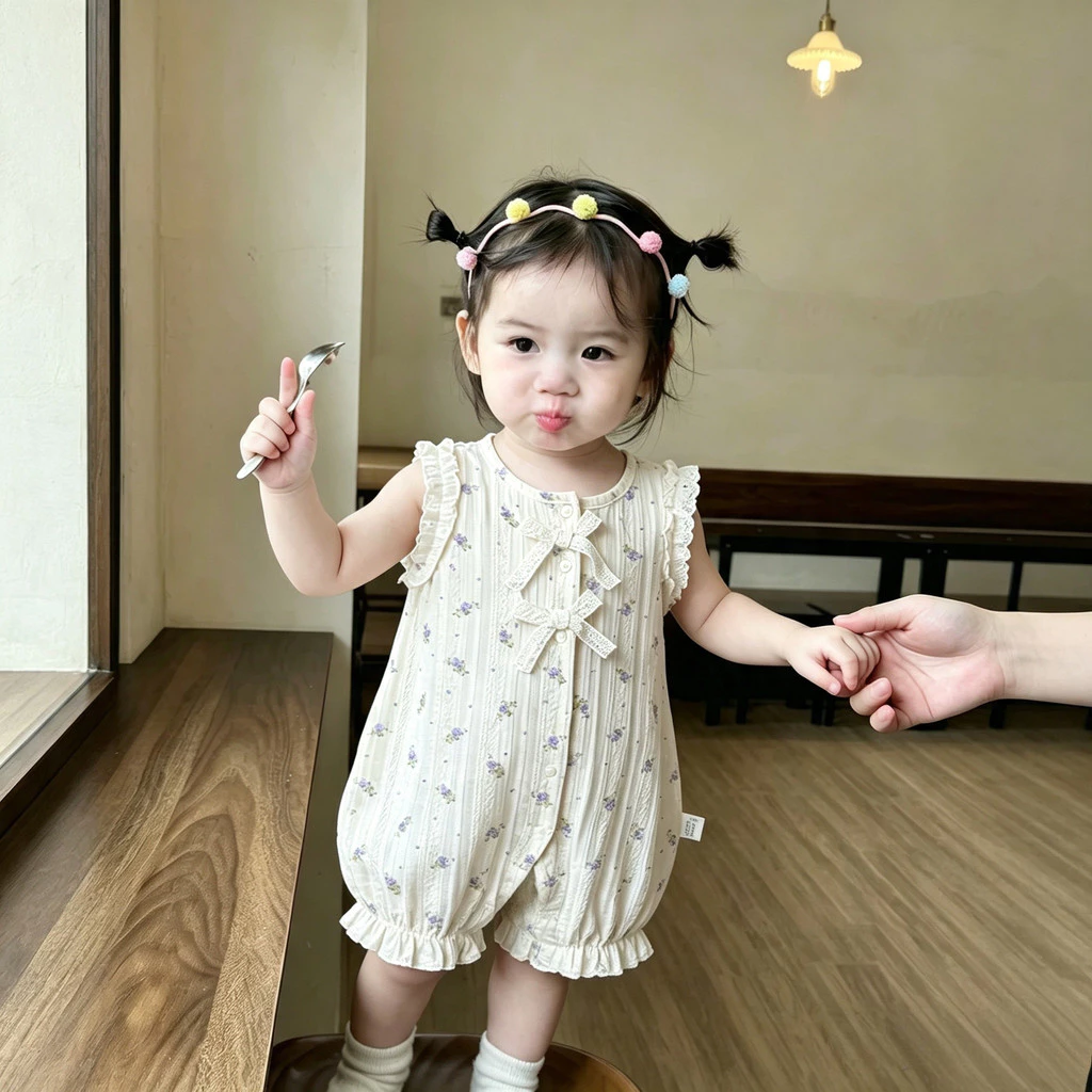 Mùa hè Bé Gái Xanh Họa Tiết Hoa Ren Nơ Áo Liền Quần Không Tay 0-2 Tuổi Quần Áo Cho Bé