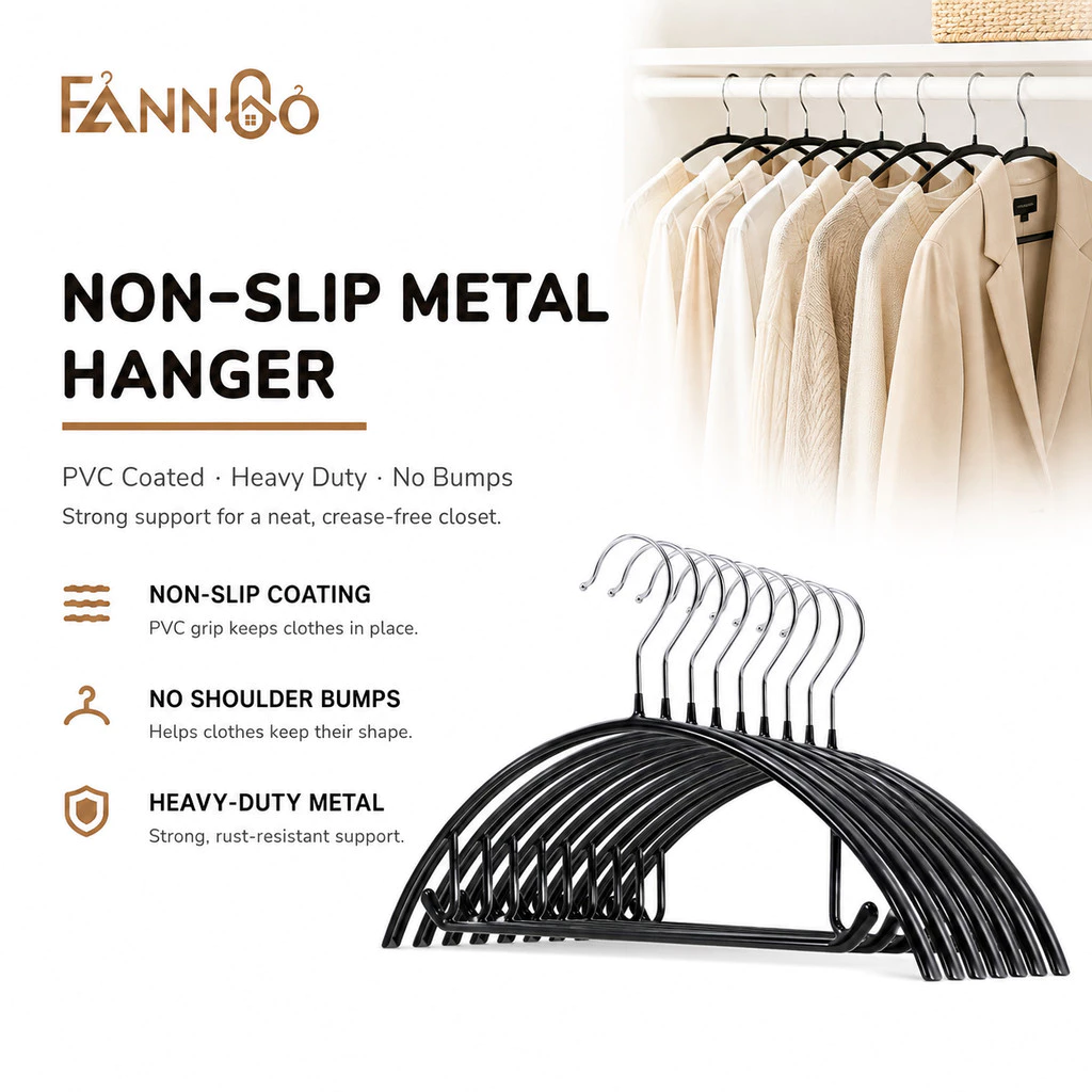 Móc treo quần áo kim loại chống trượt 16,5 Inch, Móc treo chống trượt phủ PVC màu đen có thanh quần, không có cản vai, hạng nặng cho áo sơ mi, áo khoác, áo len, tủ quần áo FannGo