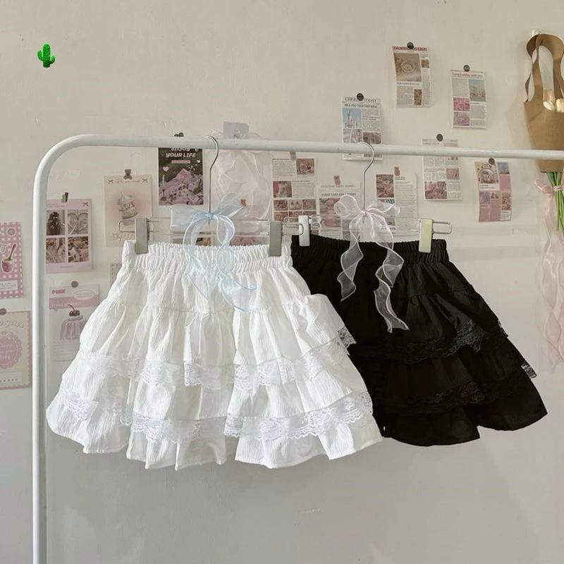 Chân váy trắng đen coquette xoè tầng bèo ren ngắn phồng chất đũi lưng chun có quần bảo hộ CV030