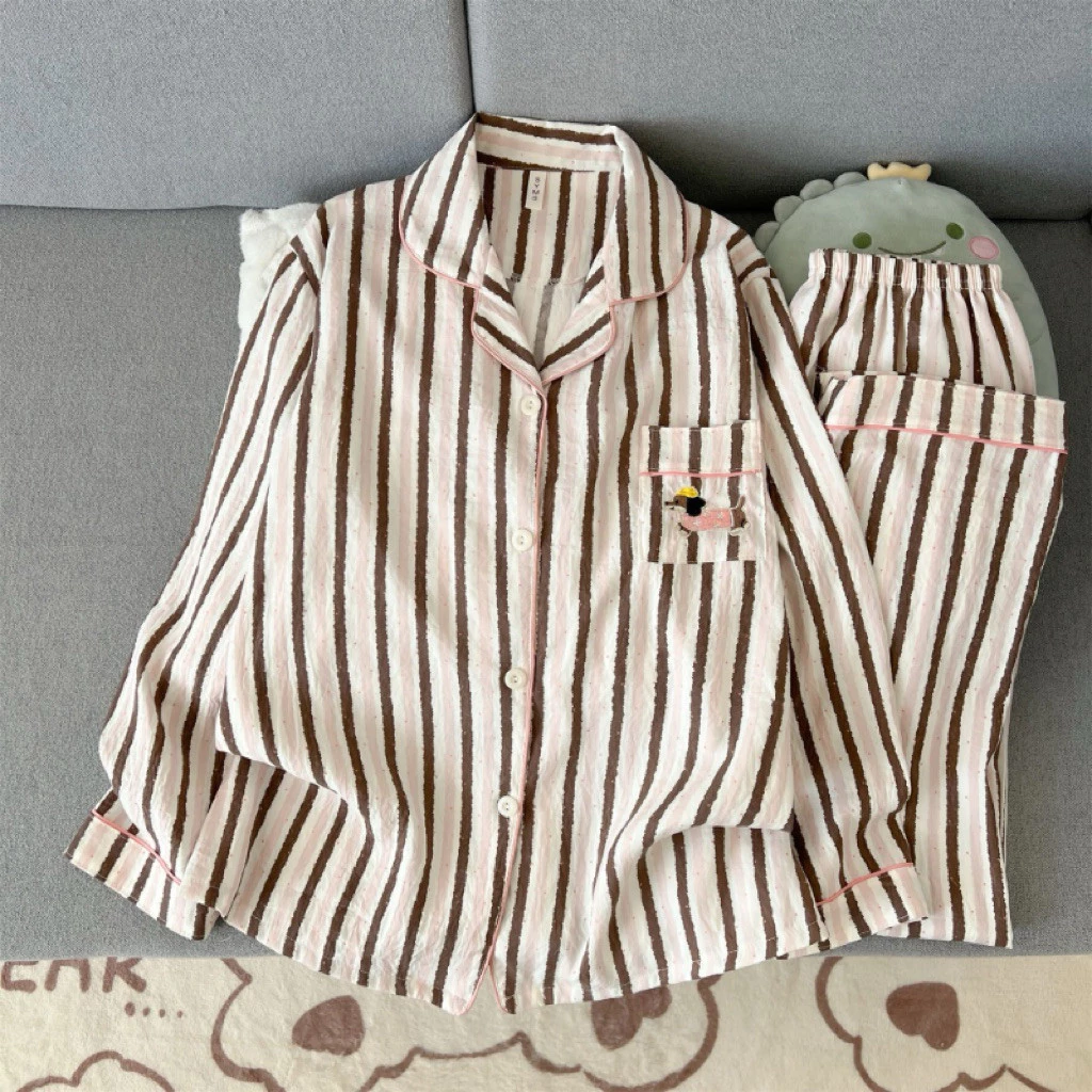Order - Bộ Đồ Ngủ Nữ Dài Tay Kẻ Sọc Hình Hoạt Hình Đồ Mặc Nhà Phong Cách Hàn Quốc