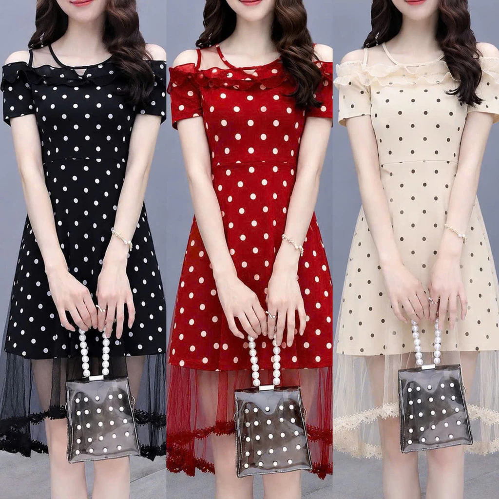 (MAY ĐẸP - 2 LỚP ) Đầm Xòe Trễ Vai Phối Lưới Chấm Bi Nữ Thời Trang Dự Tiệc Sang Chảnh – Đầm Umi Dáng Xòe Tay Ngắn