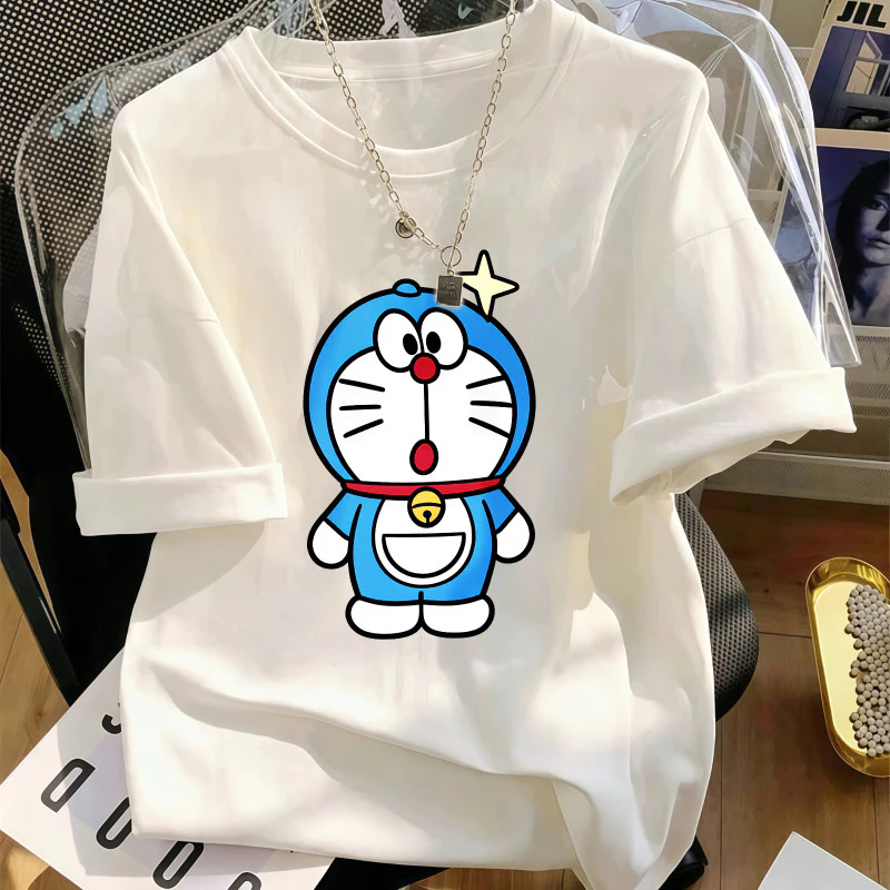 Áo thun nữ thường ngày cổ tròn trắng hoạt hình Mèo máy thời trang đơn giản dễ phối đồ hàng ngày