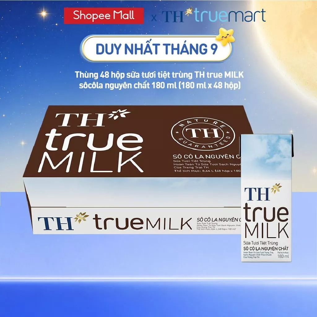 [LIVE STREAM] Thùng 48 hộp sữa tươi tiệt trùng TH true MILK sôcôla nguyên chất 180 ml (180 ml x 48)