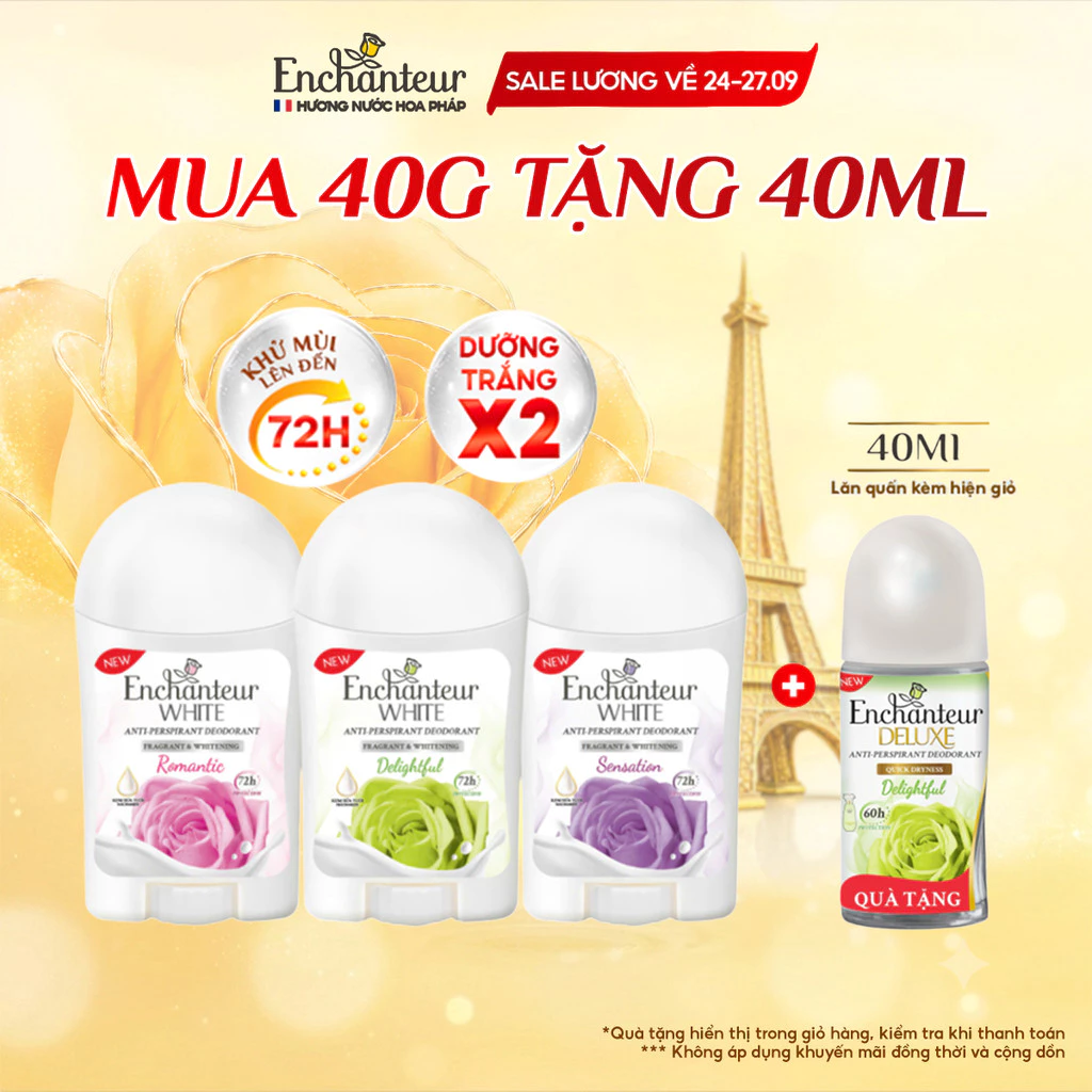 [TẶNG 1 LĂN 40ML] Sáp Khử Mùi Enchanteur Khô Thoáng Dưỡng Trắng từ Niacinamide Hương Nước Hoa Pháp Cao Cấp dung tích 40g