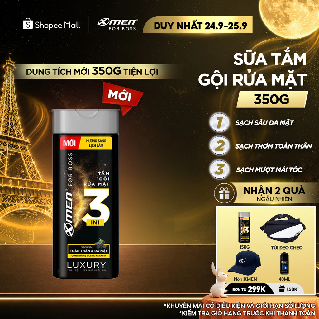 [MỚI] Tắm Gội Rửa Mặt 3in1 XMen for Boss Luxury 350g - Sạch Sâu Toàn Thân & Da Mặt,Hương Nước Hoa Châu Âu Sang Lịch Lãm