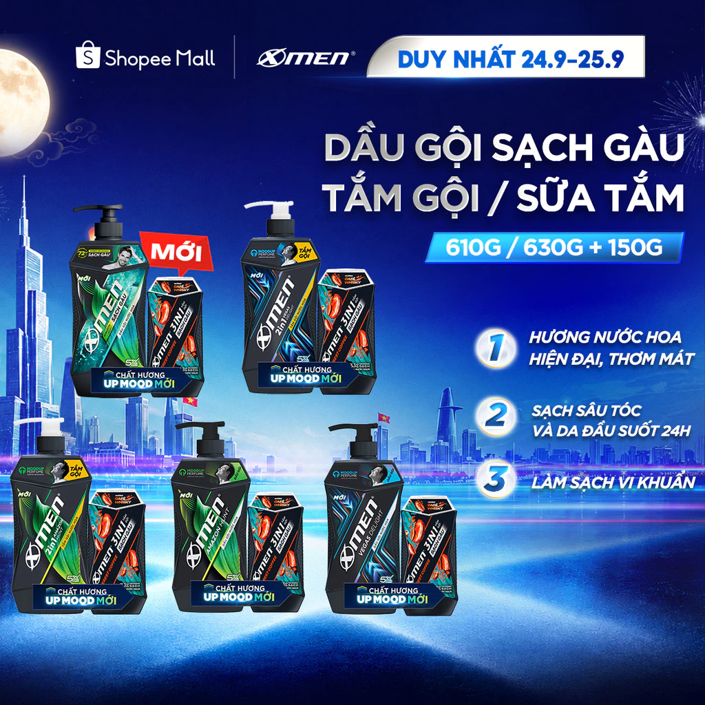 Combo Dầu Gội Sạch Gàu/Tắm Gội/Sữa Tắm Xmen Amazon/Vegas 610g 630g và Tắm gội Coffee 150g