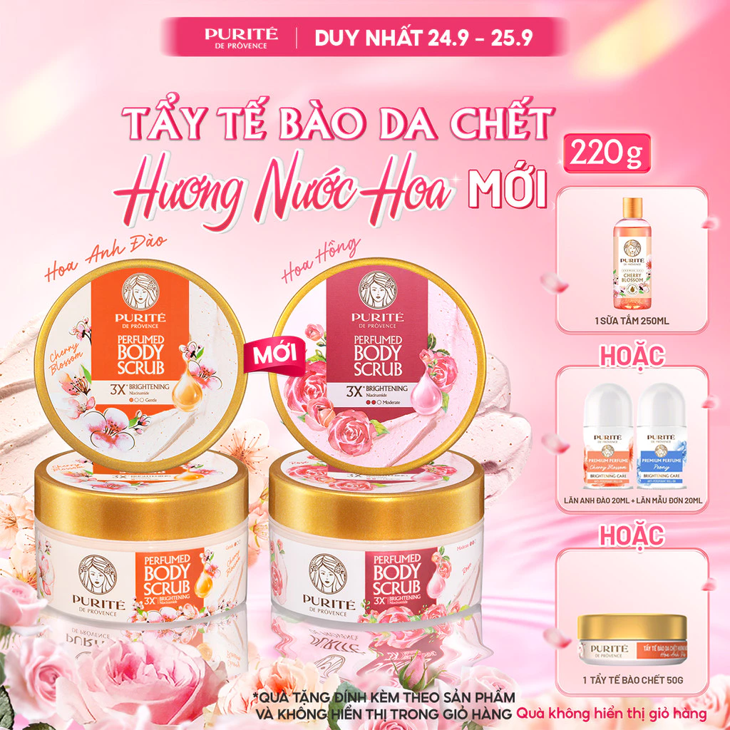 Tẩy Tế Bào Chết Dưỡng Sáng PURITÉ Hương Anh Đào/Hoa Hồng 220G Tặng  2 Lăn Khử Mùi 20ml/Sữa Tắm 250ml/Tẩy Tế Bào 50G