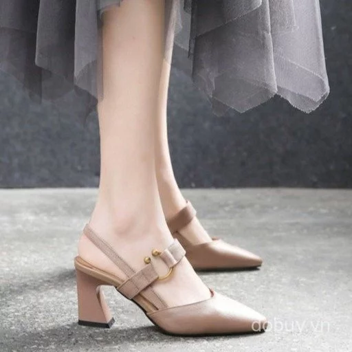 Phụ Nữ Mũi Nhọn Đen Slingback Khối Gót Chân Bơm, Có Thể Điều Chỉnh Dây Đeo Giữa Gót Sandal Văn Phòng