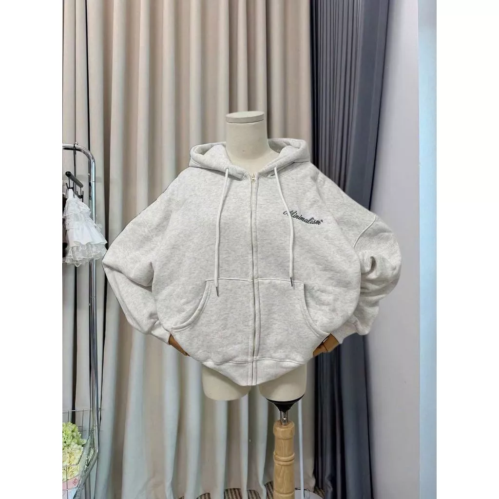 Áo khoác nỉ unisex màu xám dài, khóa kéo, mặc giữ ấm hoàn hảo màu xám tiêu