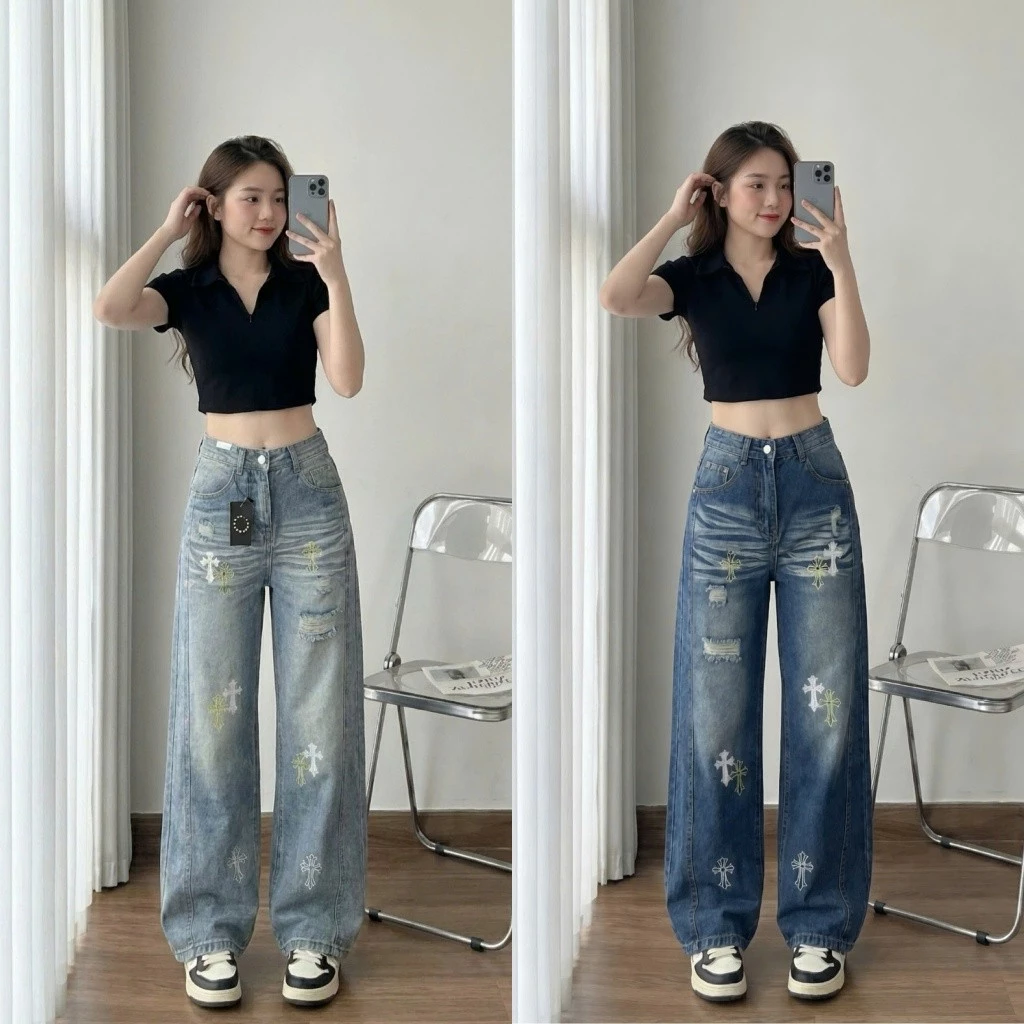 Quần Jeans Suông 2 Màu Wash Thêu Hoạ Tiết In Siêu Đáng Yêu Dài 95cm - 103cm,Cạp Cao ,Form Suông