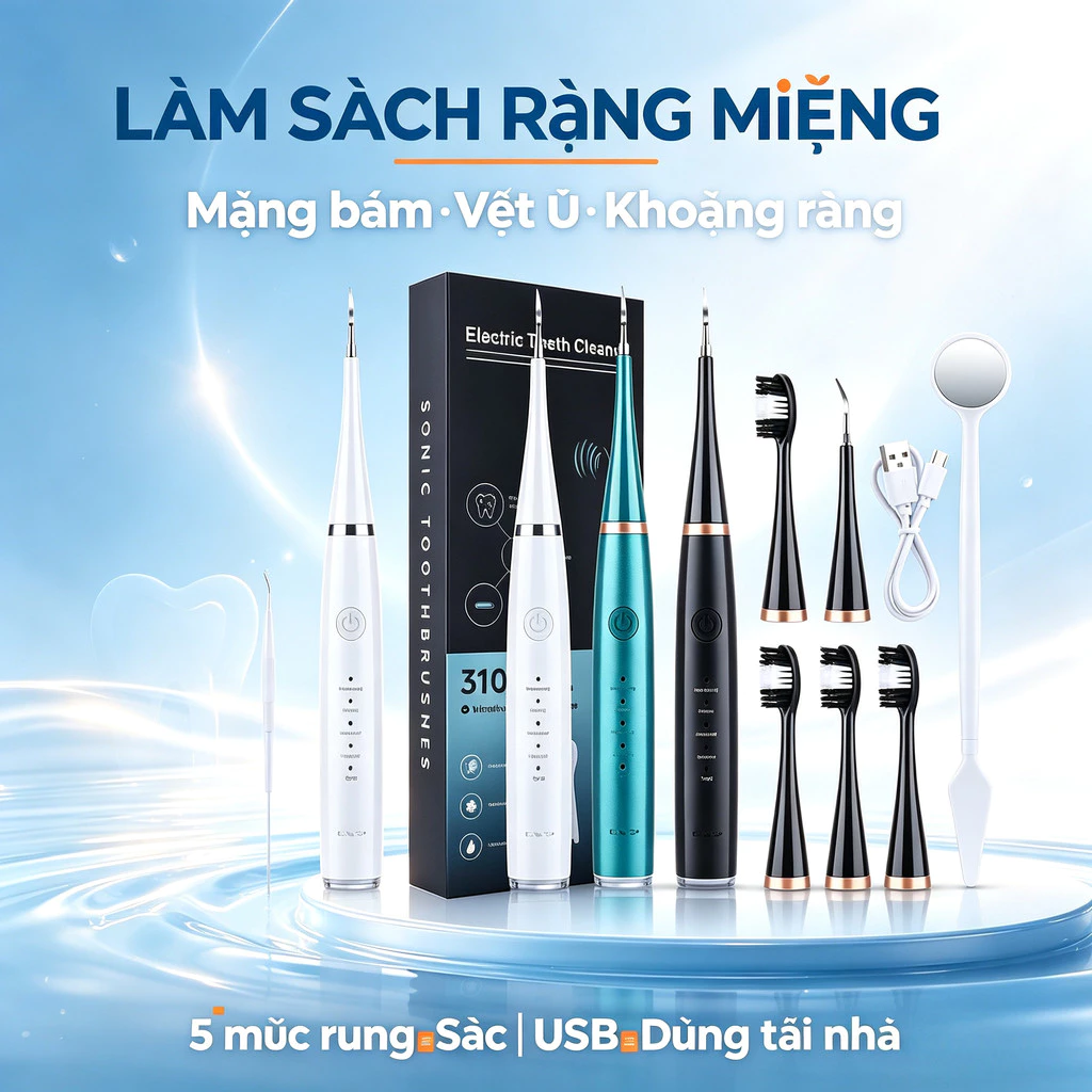 Bàn chải điện vệ sinh răng miệng  làm trắng siêu âm 6 trong 1 sạc USB 5 mức điều chỉnh tốc độ