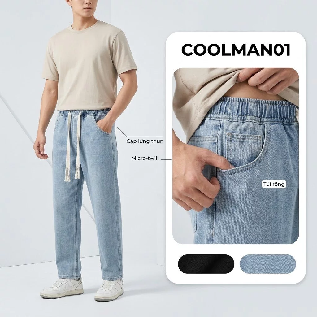 Quần Jeans Nam Dáng Rộng Cạp Lưng Thun Nịt Dây Phong Cách Hàn Quốc - Quần Bò Nam Ôm Suông Rộng Rãi Thoải Mái