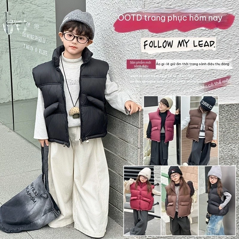 Áo ghi lê cotton mùa thu cho trẻ em cổ đứng dày dặn áo khoác ấm kiểu Hàn Quốc cho bé trai bé gái