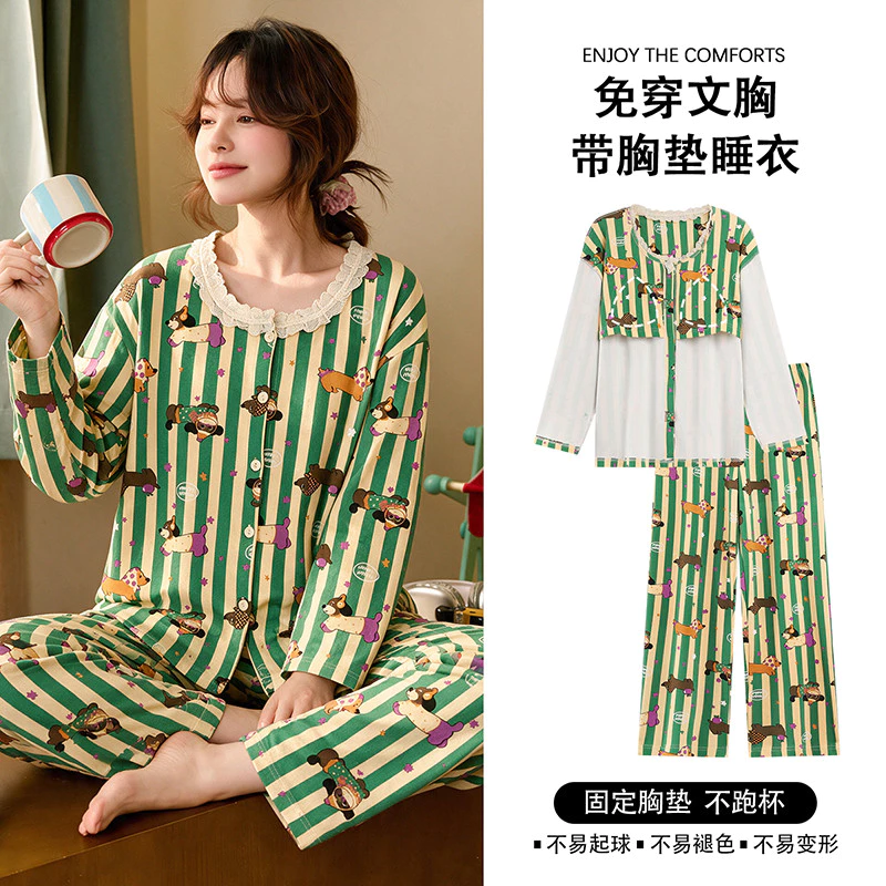 Bộ Đồ Ngủ Đệm Nữ 100% Cotton Bộ Đồ Ngủ Mùa Thu Đông Tay Dài Đồ Ngủ Người Phụ Nữ Hoạt Hình Dễ Thương Mặc Ở Nhà