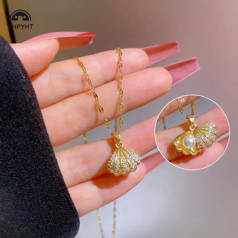 [SHPYHT] Ngọc Trai Nelace Dành Cho Nữ Đầy Kim Cương Giả Vỏ Mặt Dây Chuyền Titan Nelace Không Mòn Kim Loại Nelace Mới