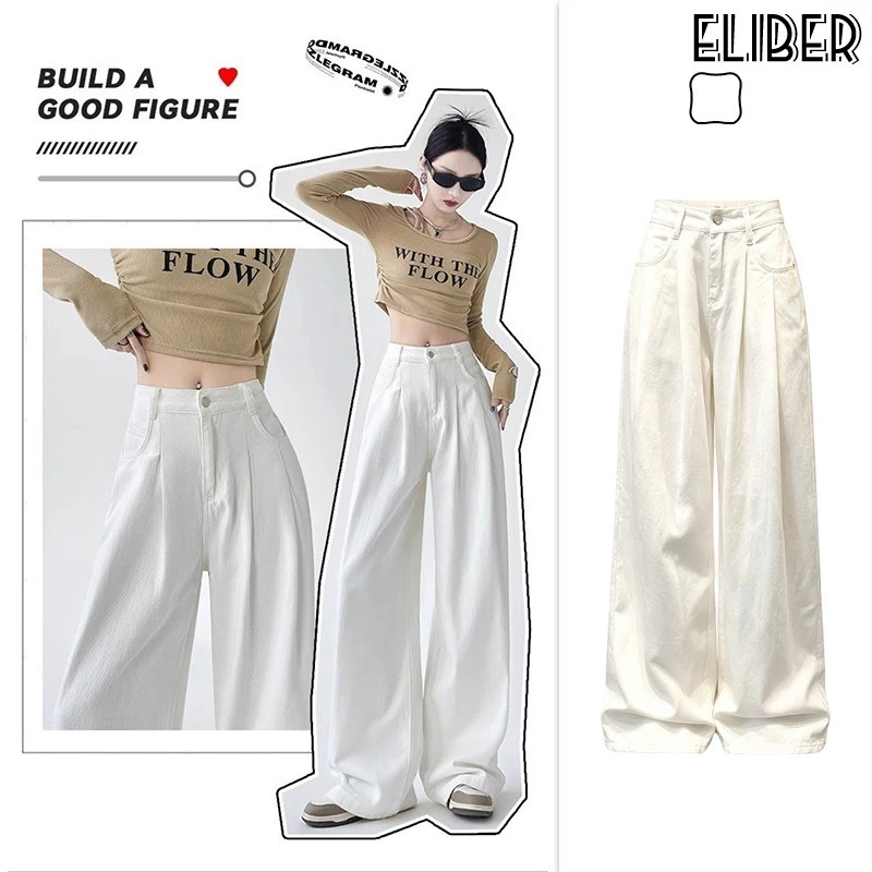 ELIBER- Quần Bò Ống Rộng Xếp Ly Màu Trắng Quần Ống Đứng Ống Đứng Tôn Dáng Gầy Cạp Cao Cho Nữ