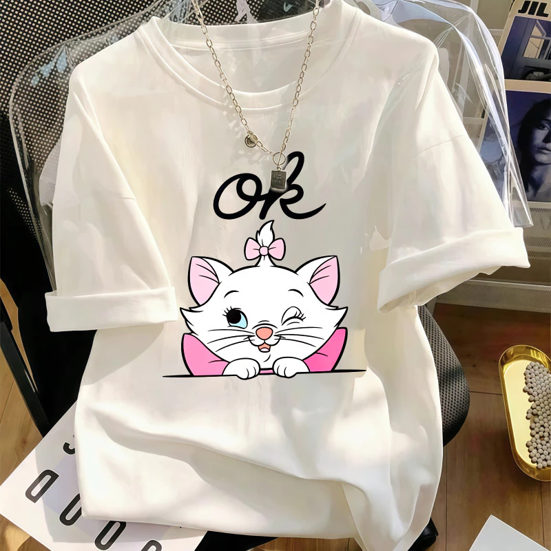 Áo Thun Nữ Màu Trắng In Hình Mèo Hoạt Hình, Phong Cách Casual Hàng Ngày, Chất Cotton Mềm Mại, Form Rộng.