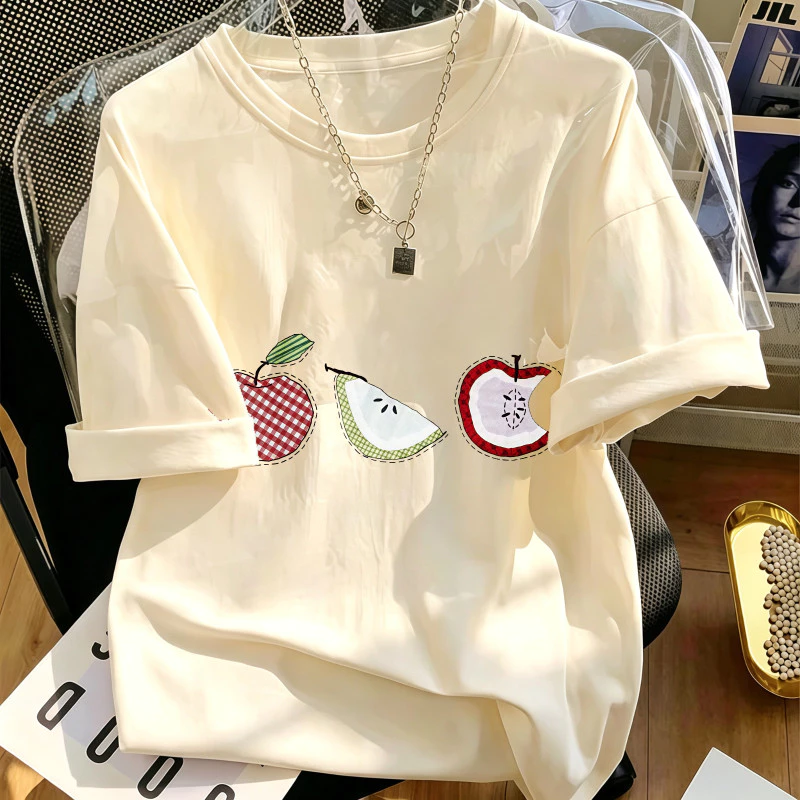 Áo Thun Nữ Màu Be Kem In Họa Tiết Trái Cây Vẽ Tay, Phong Cách Casual Hàng Ngày, Chất Cotton Mềm Mại, Form Rộng.
