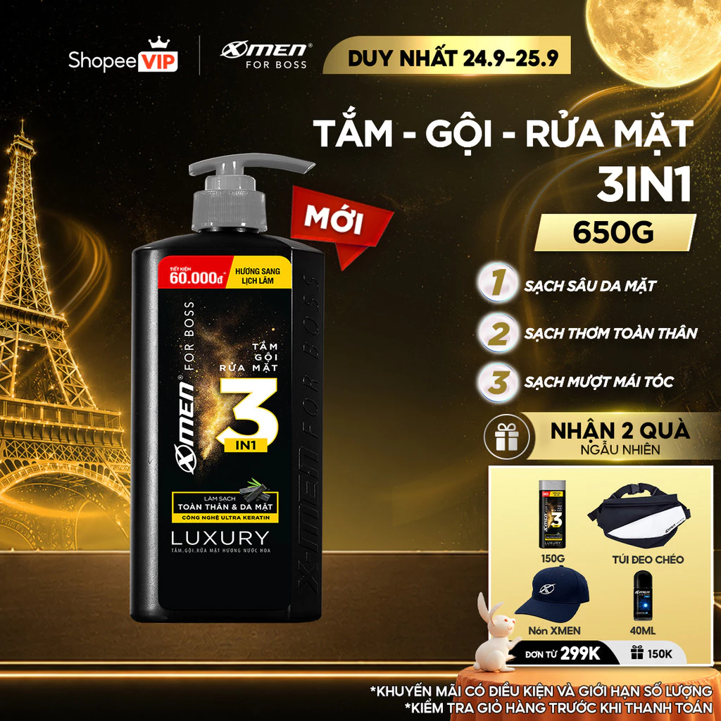 [SVIP] Tắm Gội Rửa Mặt XMen for Boss 3in1 Luxury 630g Hương Nước Hoa Châu Âu Sạch sâu, toàn thân da mặt