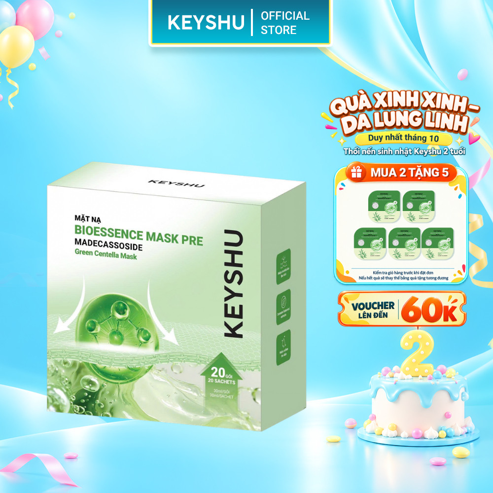 Hộp 20 Miếng Mặt Nạ Rau Má Premium KEYSHU Dưỡng Ẩm, Làm Mềm Da, Làm Dịu Da 30ML