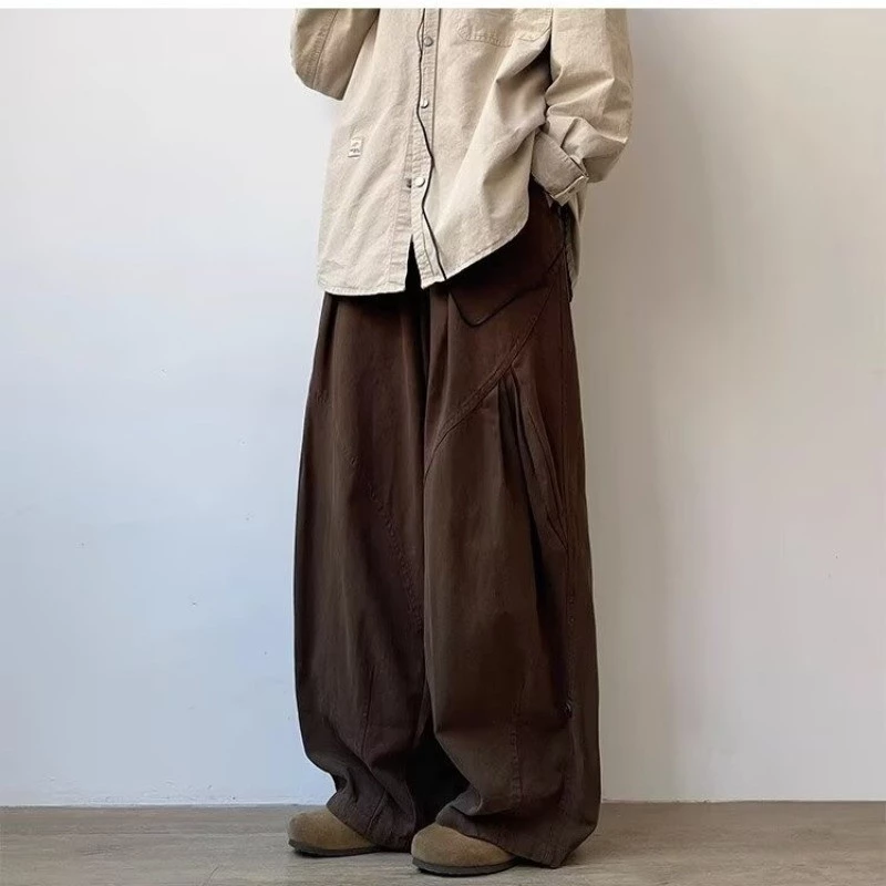 Quần cargo nam nữ phong cách Nhật Bản retro Form rộng ống rộng có nếp gấp Quần unisex phong cách đường phố