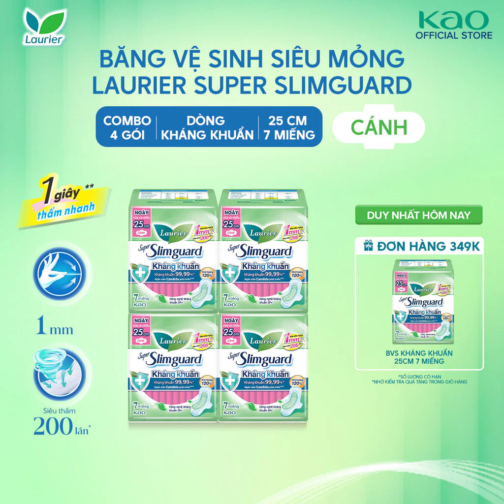 [LIVESTREAM] Combo 4 Băng Vệ Sinh Laurier Siêu Mỏng 1mm Kháng Khuẩn 25cm 7 miếng