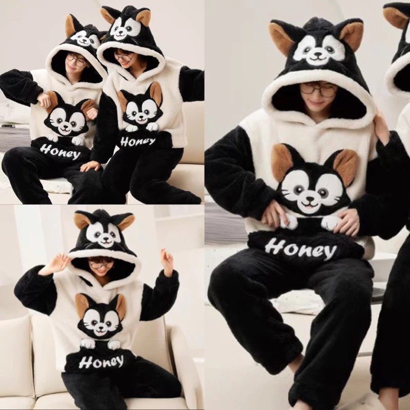 Bộ Ngủ Lông Cừu Thêu Mèo Honey Đen - Pijama Hoodie Tai Mèo Unisex Nam Nữ Ấm Áp B42629