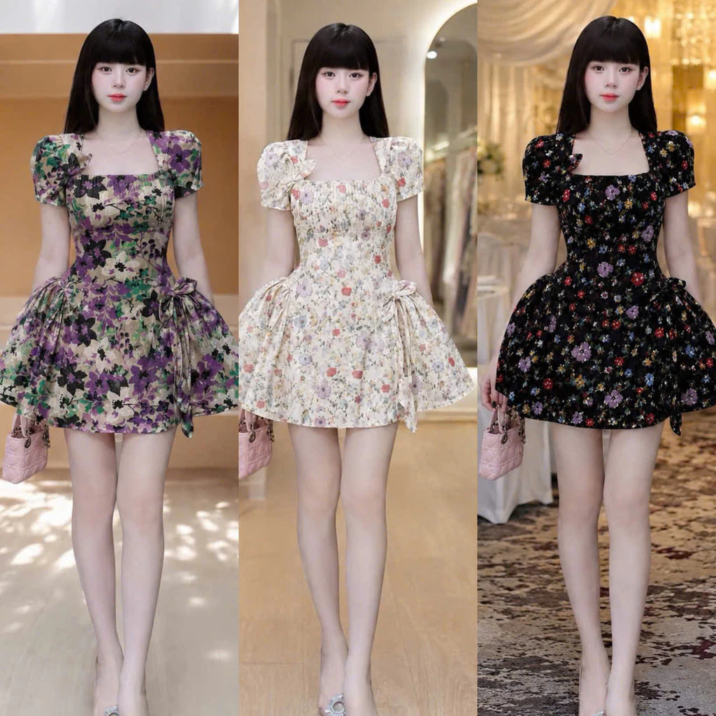 Đầm Hoa Tiểu Thư Cổ Vuông Tay Phồng Eo Ôm Dáng Xòe Nơ Hông Váy Hoa Vintage Tôn Dáng HIYU 66 STORE