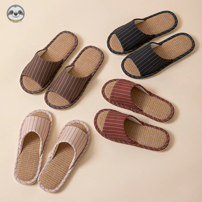 Phong cách Nhật Bản Muji Style / Dép vải lanh sọc nam nữ / Dép chống trượt trong nhà mùa xuân thu / Dép tắt tiếng đế mềm