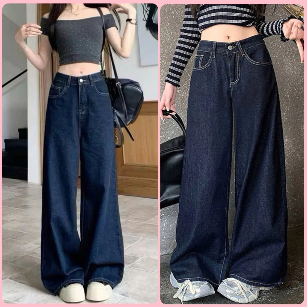 Quần jeans nữ ống suông màu xanh than cạp cao ống rộng quần bò nữ chất vải QC loại 1 phong cách hàn quốc