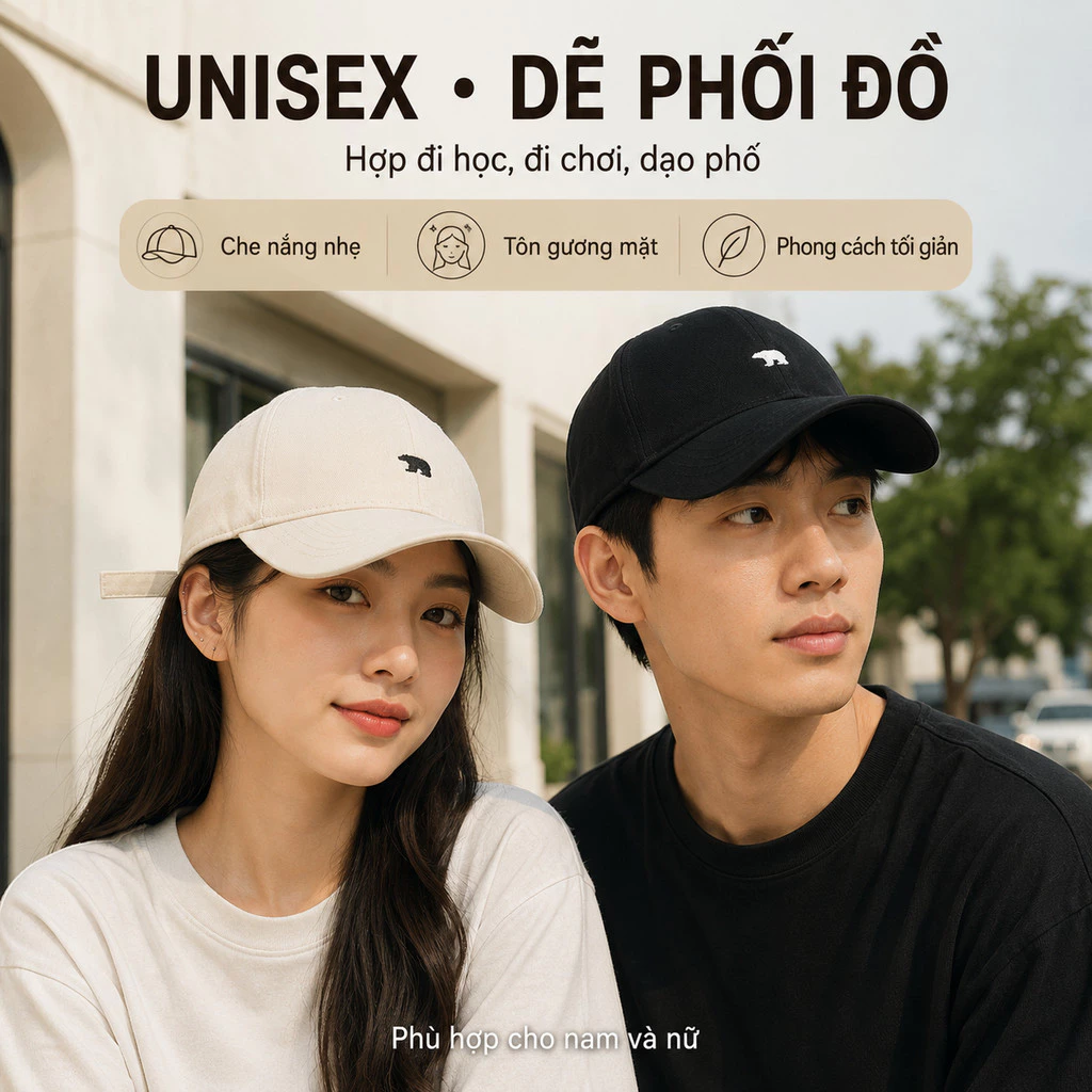 Mũ bóng chày form mềm – Chất kaki, thêu gấu dễ thương, 4 màu, khóa điều chỉnh, hợp cả nam và nữ