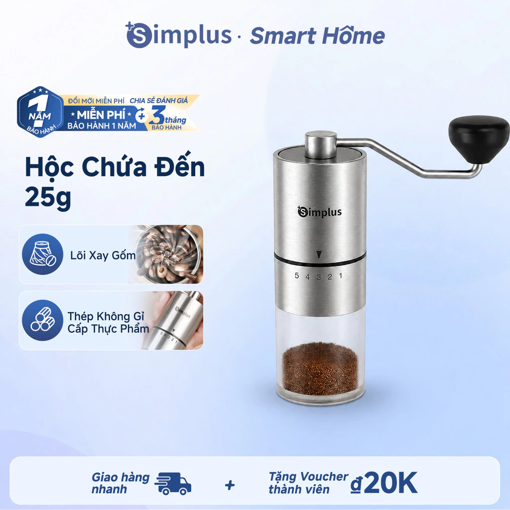 Máy xay hạt cà phê Simplus Cầm tay, Xay thủ công 20g Màu Inox MDJH002