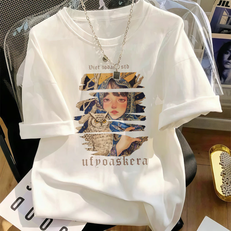Áo thun nữ casual tay ngắn cổ tròn trắng in hình nghệ thuật cổ điển vải mềm mát mẻ kiểu đơn giản thời trang hàng ngày